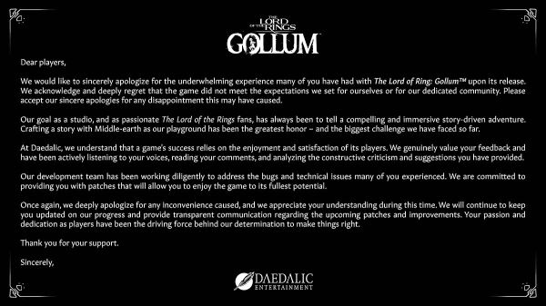Авторы провальной The Lord of the Rings: Gollum обратились к игрокам